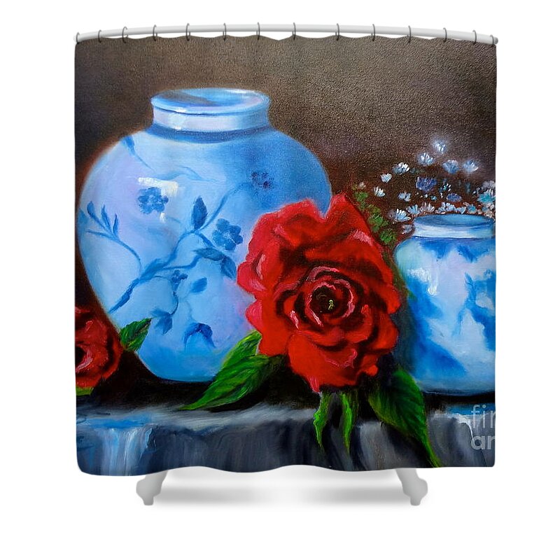 Blue & White Pottery Shower Curtain featuring the painting Blue and White Pottery and Red Roses by Jenny Lee