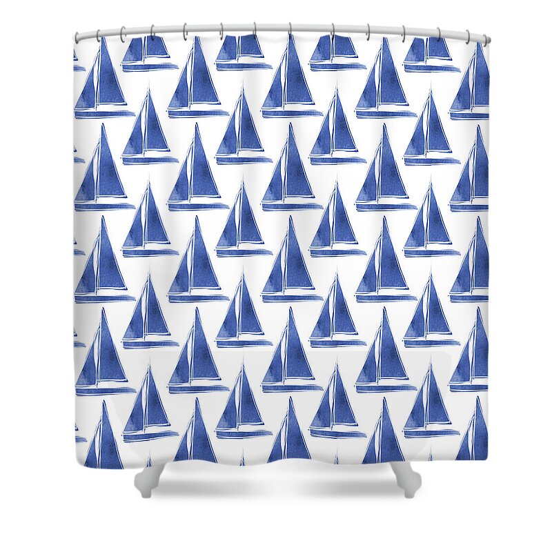 Boats Shower Curtain featuring the digital art Blue and White Sailboats Pattern- Art by Linda Woods by Linda Woods