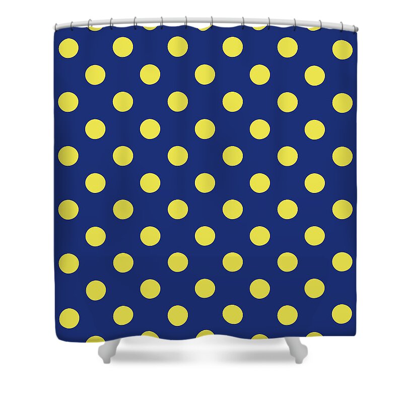 Blue Shower Curtain featuring the mixed media Blue and Yellow Polka Dots- Art by Linda Woods by Linda Woods