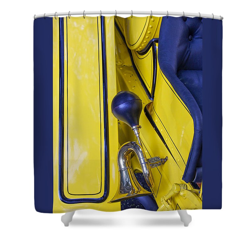 Vintage Shower Curtain featuring the photograph Blue and Yellow Vintage Car Detail by Venetia Featherstone-Witty