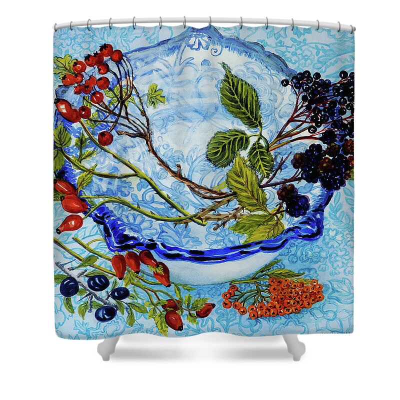 Berries Shower Curtain featuring the painting Blue Antique Bowl with Berries by Joan Thewsey