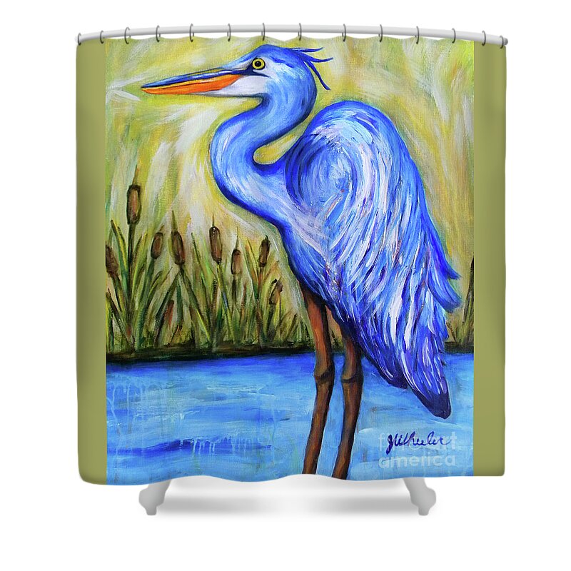 Great Blue Heron Shower Curtain featuring the painting Blue Bayou by JoAnn Wheeler