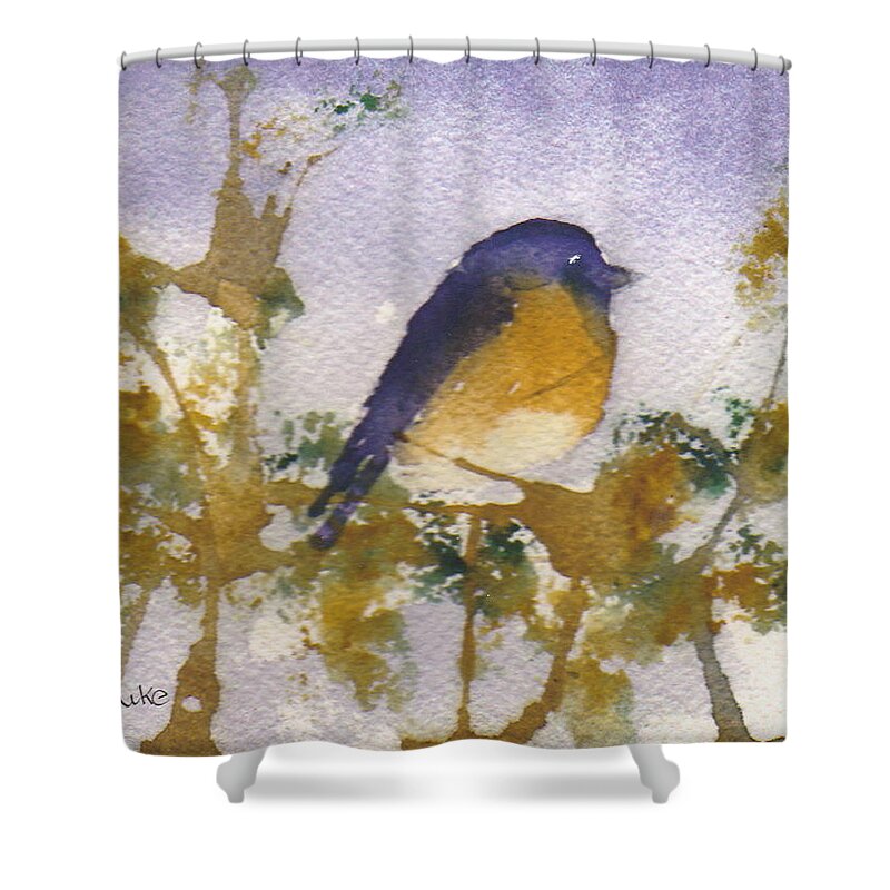 Watercolor Shower Curtain featuring the painting Blue Bird in Waiting by Anne Duke
