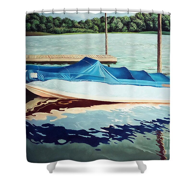 Blue Boat Shower Curtain featuring the painting Blue Boat by Christopher Shellhammer