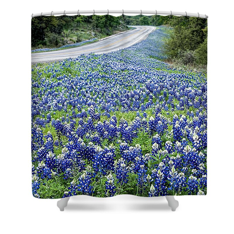 Texas Shower Curtain featuring the photograph Blue Bonnets Along Texas Highway by Brian Kinney