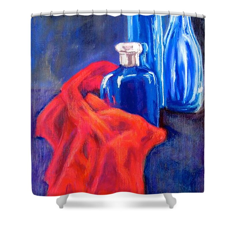 Colored Bottles Shower Curtain featuring the pastel Blue Bottles with Orange Cloth by Barbara O'Toole