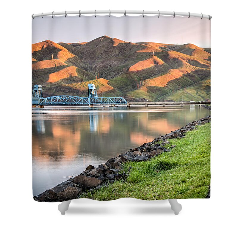 Lewiston Shower Curtain featuring the photograph Blue Bridge from the Levee by Brad Stinson