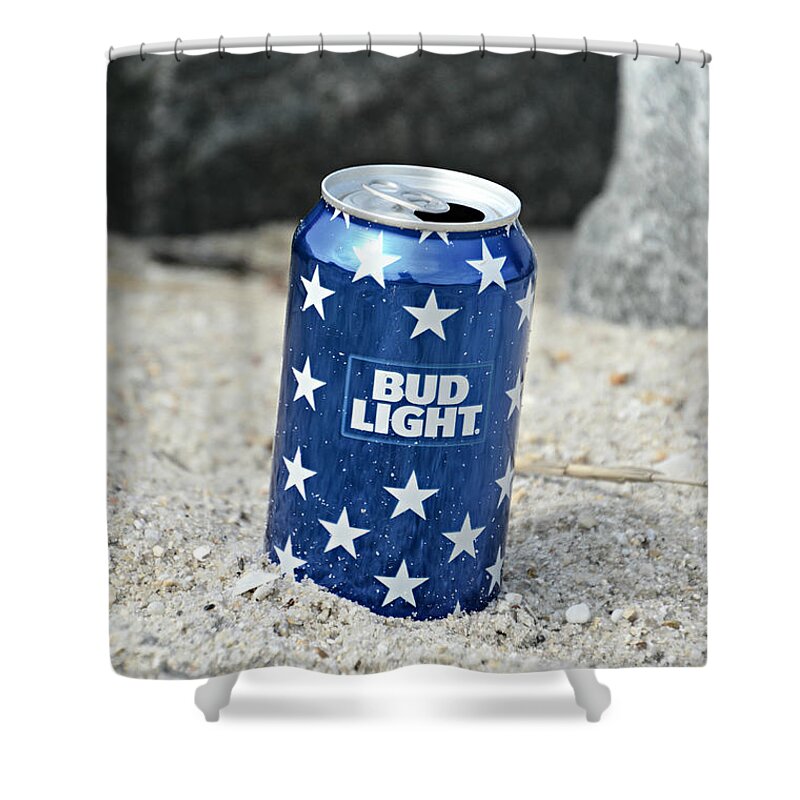 Beer Shower Curtain featuring the mixed media Blue Bud Light by Trish Tritz