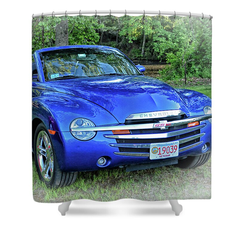 Blue Shower Curtain featuring the photograph Blue Chevy Super Sport Roadster by Mike Martin