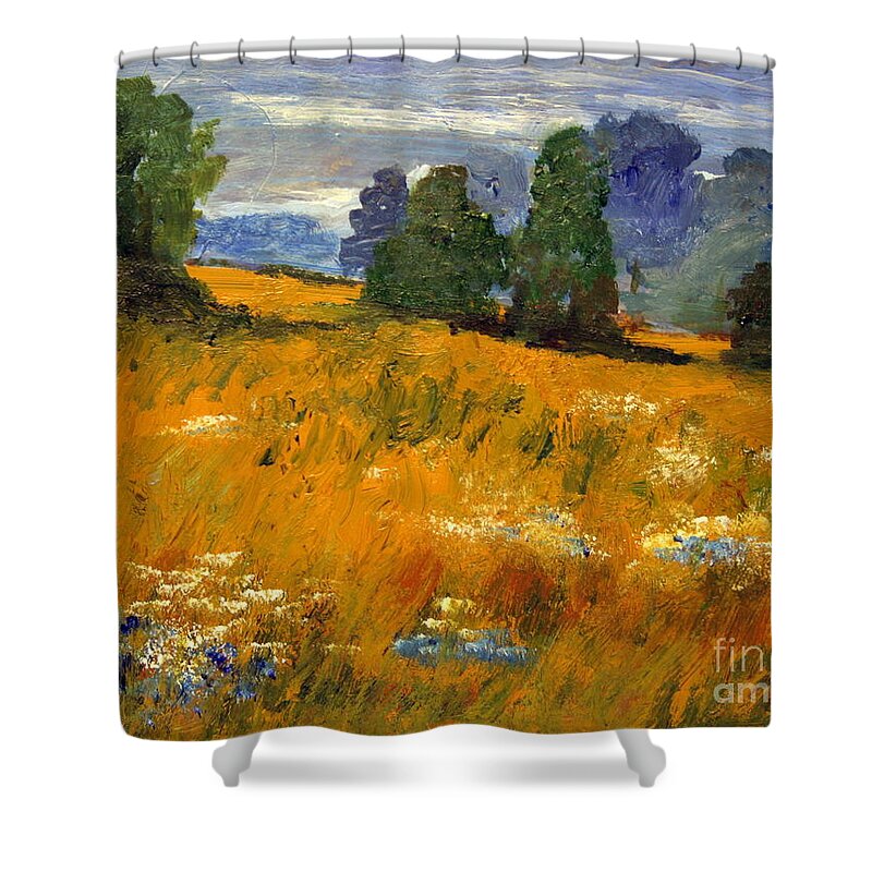 Paintings Shower Curtain featuring the painting Blue Cornflowers on the Meadow by Julie Lueders 
