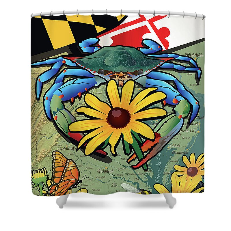 Blue Crab Shower Curtain featuring the digital art Blue Crab Maryland Black-Eyed Susan by Joe Barsin