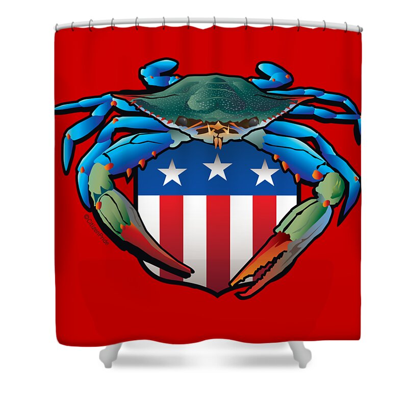 Blue Crab Shower Curtain featuring the digital art Blue Crab USA Crest by Joe Barsin