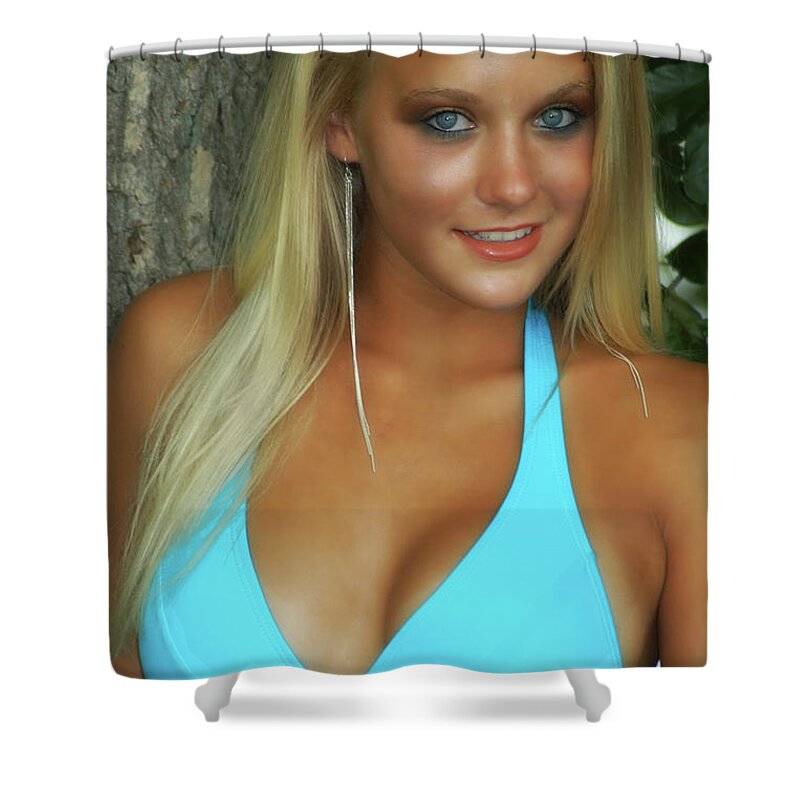 Portrait Shower Curtain featuring the photograph Blue Eyes Blue Bikini by Mike Martin