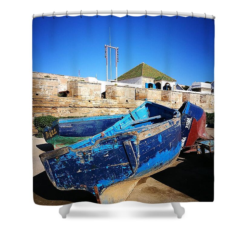 Still Life Shower Curtain featuring the photograph Blue fishing boat by Jarek Filipowicz
