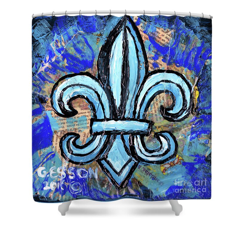Classic Shower Curtain featuring the mixed media Blue Fleur De Lis by Genevieve Esson