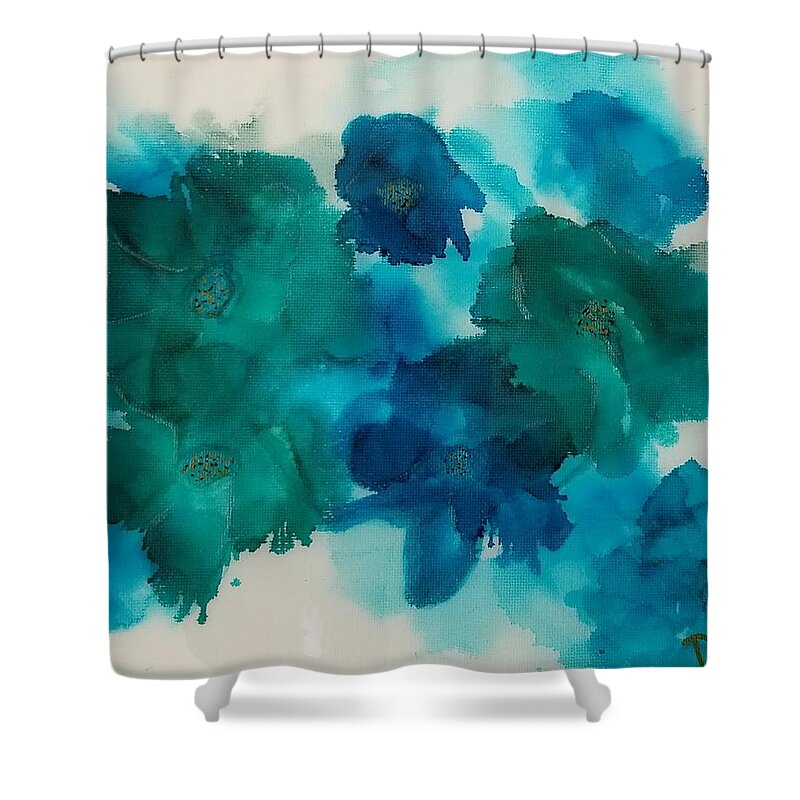 Alcohol Ink Abstract Floral Artrsin Shower Curtain featuring the painting Blue Floral by Donna Perry