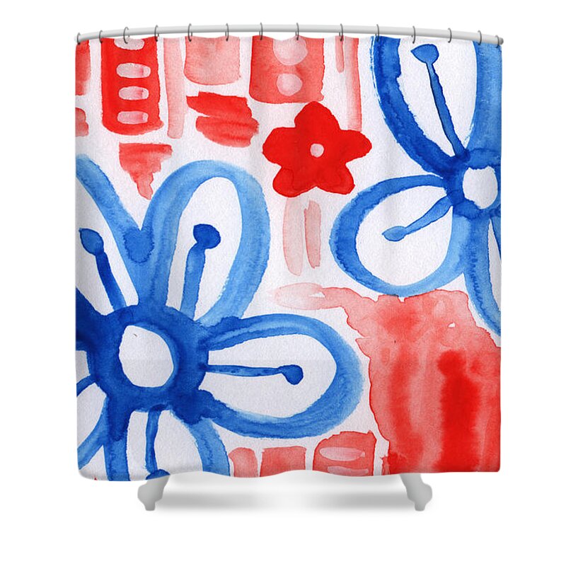 Blue Flowers Shower Curtain featuring the painting Blue Flowers- floral painting by Linda Woods