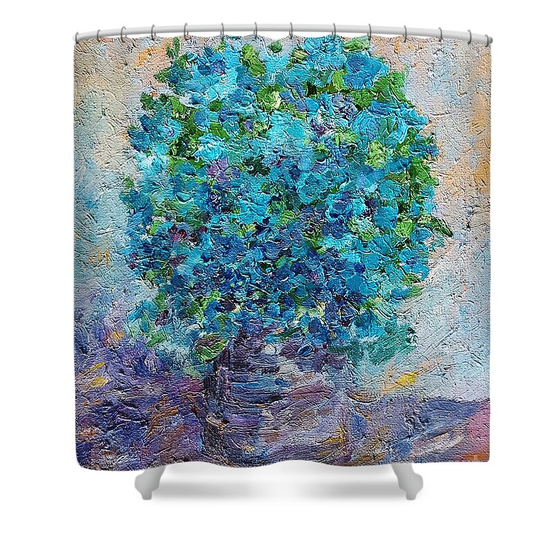 Still Life Shower Curtain featuring the painting Blue flowers in a vase by Amalia Suruceanu