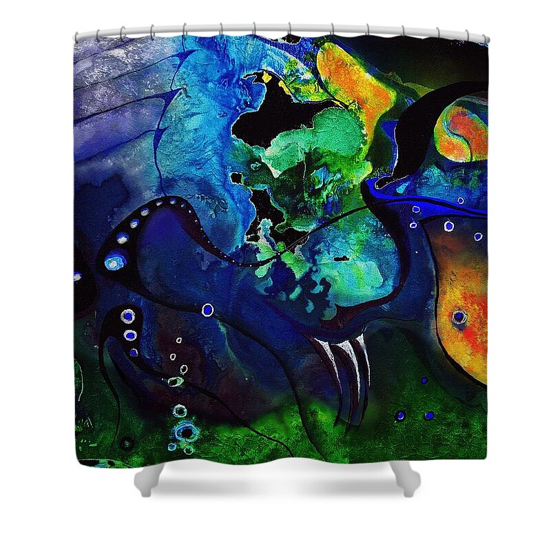 Abstractdigital Shower Curtain featuring the painting Blue, Green And Orange Scenery by Wolfgang Schweizer
