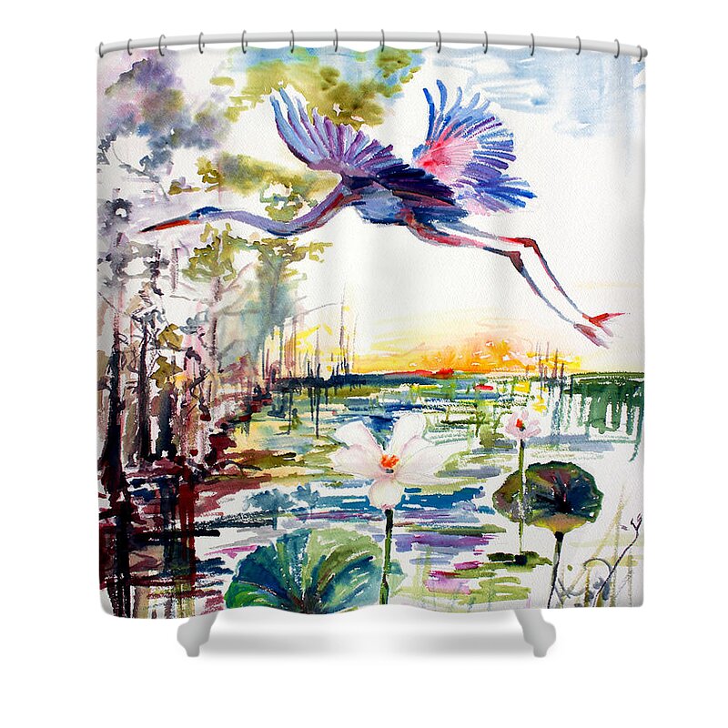 Blue Heron Shower Curtain featuring the painting Blue Heron Glides over Lotus Flowers by Ginette Callaway