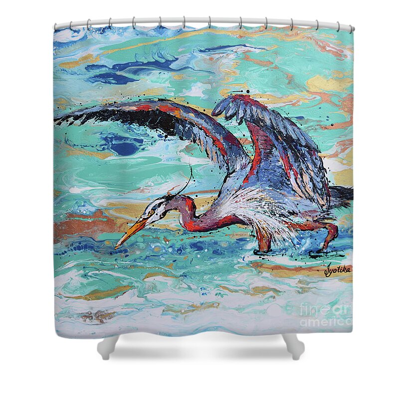 Great Blue Heron Shower Curtain featuring the painting Blue Heron Hunting by Jyotika Shroff