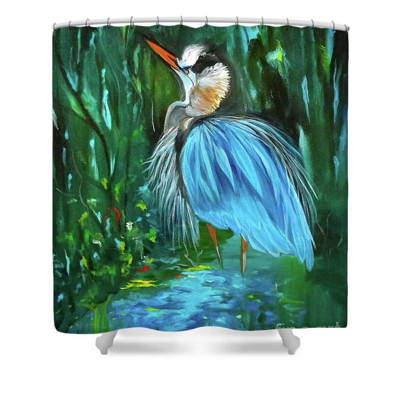 Heron Shower Curtain featuring the painting Blue Heron by Jenny Lee
