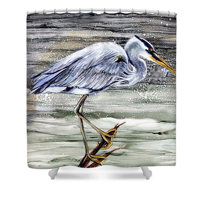 Blue Heron Shower Curtain featuring the painting Blue Heron on Water by Elaine Hodges