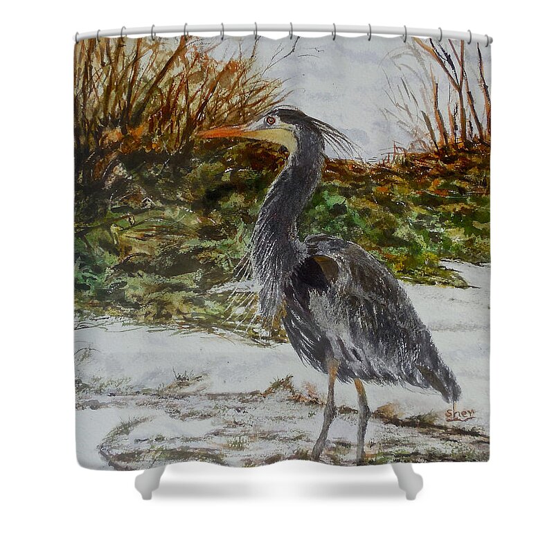 Watercolour Painting Shower Curtain featuring the painting Blue Heron by Sher Nasser