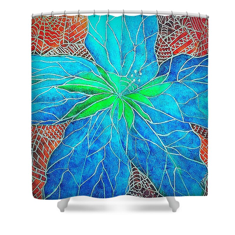 Blue Shower Curtain featuring the painting Blue Hibiscus abstract by Anne Sands