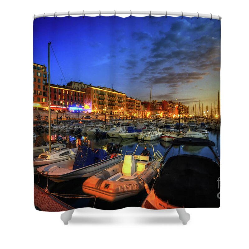 Yhun Suarez Shower Curtain featuring the photograph Blue Hour At Port Nice 1.0 by Yhun Suarez