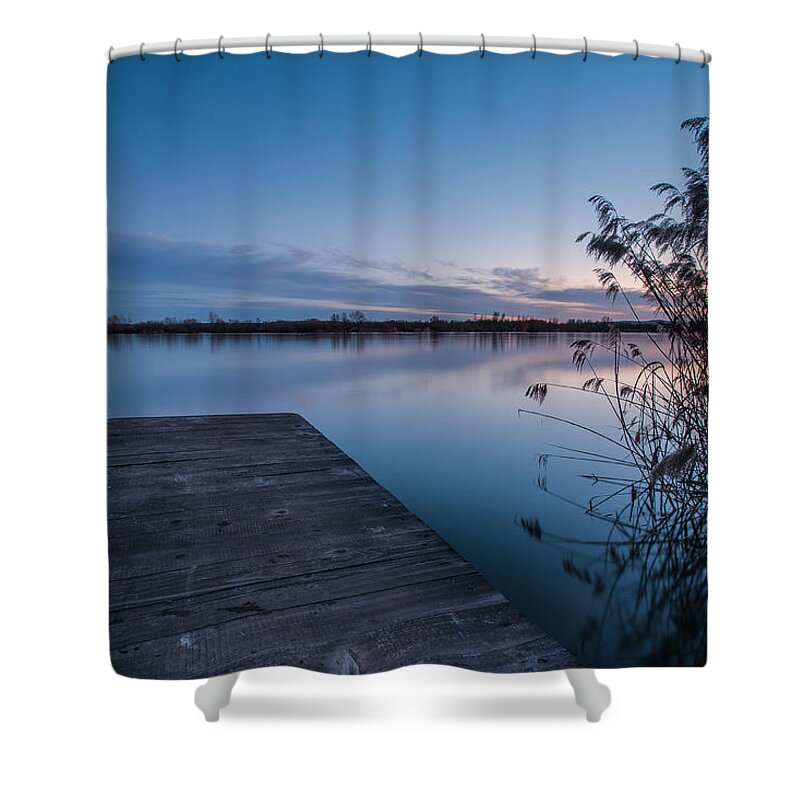 Landscapes Shower Curtain featuring the photograph Blue hour on lake by Davorin Mance