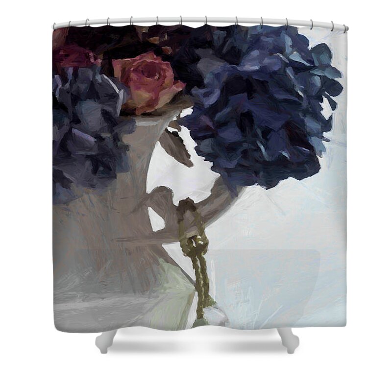 Hydrangeas Shower Curtain featuring the digital art Blue Hydrangeas - Digital Gouache by Sandra Foster