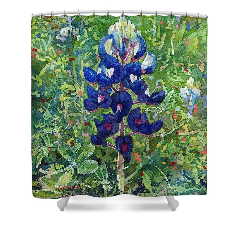 Bluebonnet Shower Curtain featuring the painting Blue in Bloom 2 by Hailey E Herrera