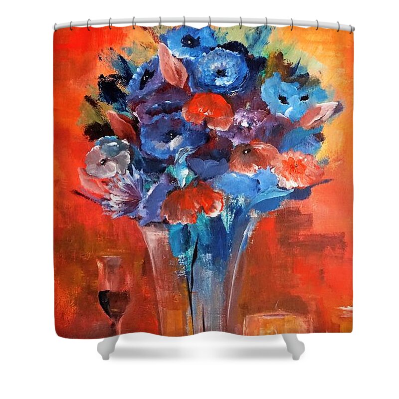 Blue Shower Curtain featuring the painting Blue In The Warmth Of Candlelight by Lisa Kaiser