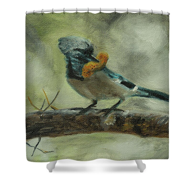 Blue Jay Eating Peanut As Usual. Bright Blues Shower Curtain featuring the painting Blue Jay by Kathy Knopp