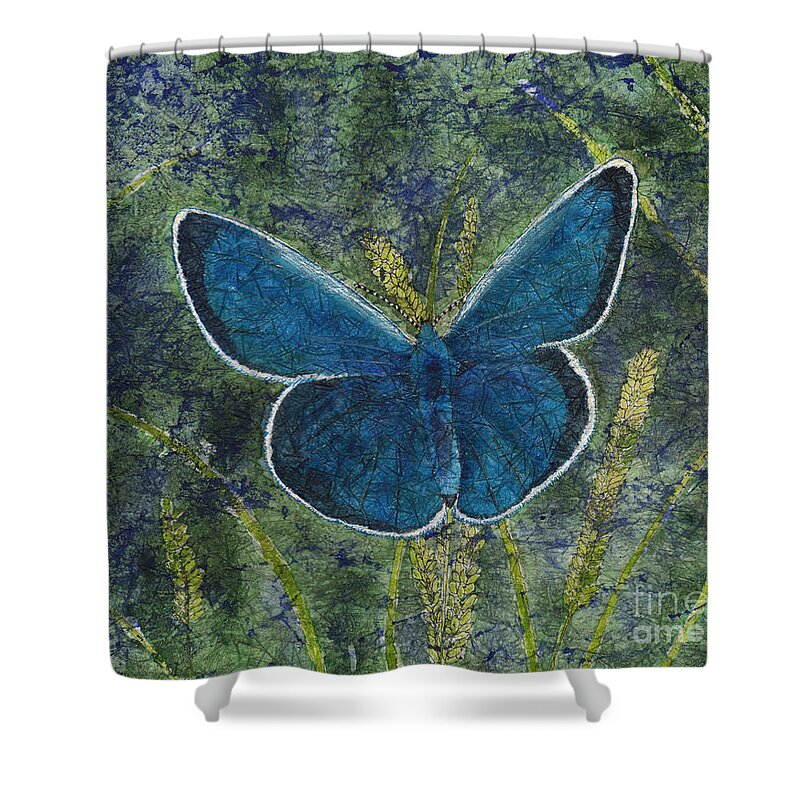 Blue Karner Butterfly Shower Curtain featuring the painting Blue Karner Butterfly Watercolor Batik by Conni Schaftenaar