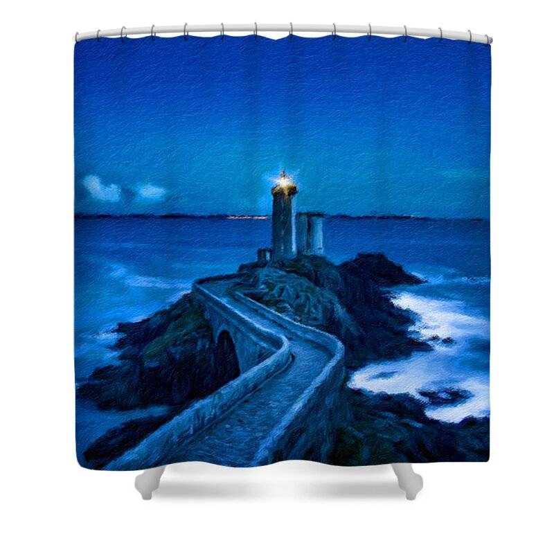 Lighthouse Shower Curtain featuring the painting Blue lighthouse by Vincent Monozlay