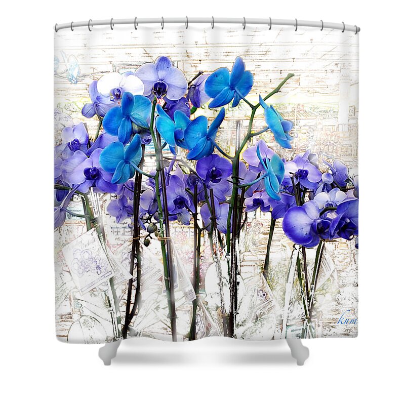 Blue Orchids Shower Curtain featuring the mixed media Blue Orchids 3 by Kume Bryant