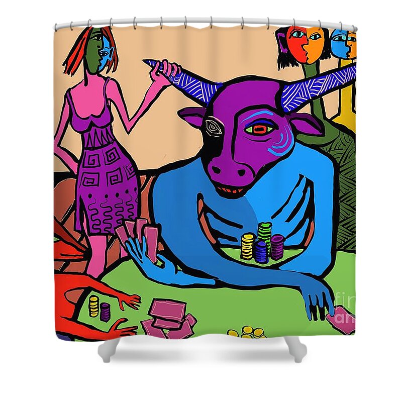 Shower Curtain featuring the digital art Blue poker bull by Hans Magden