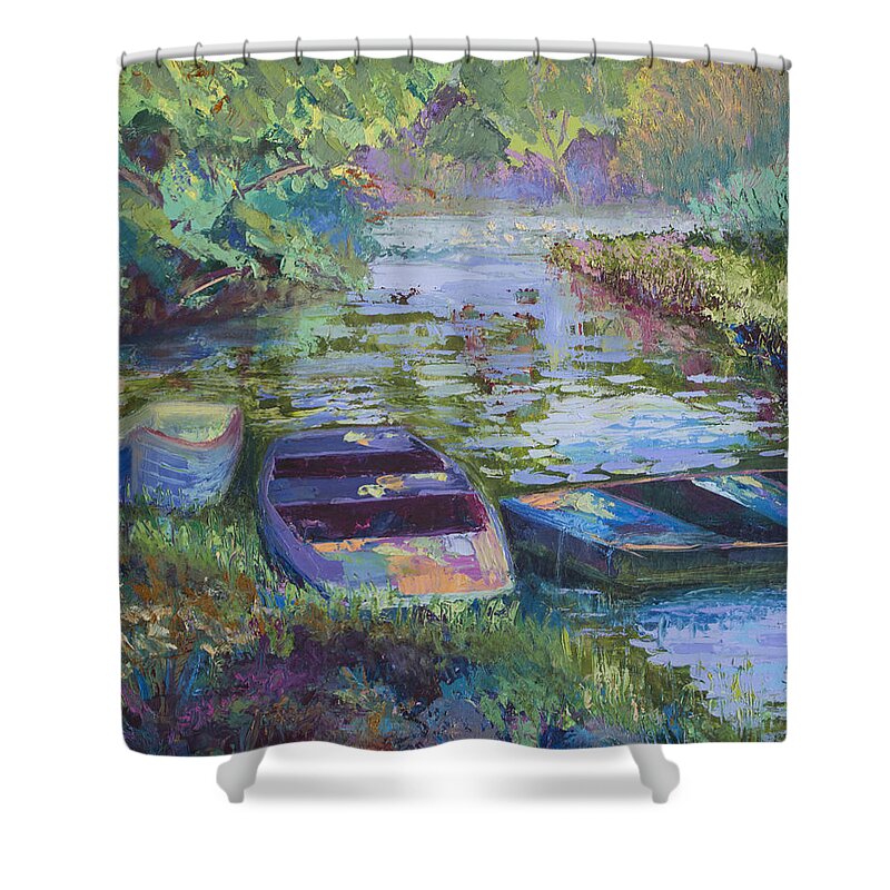 Blue Shower Curtain featuring the painting Blue Pond by Cynthia McLean
