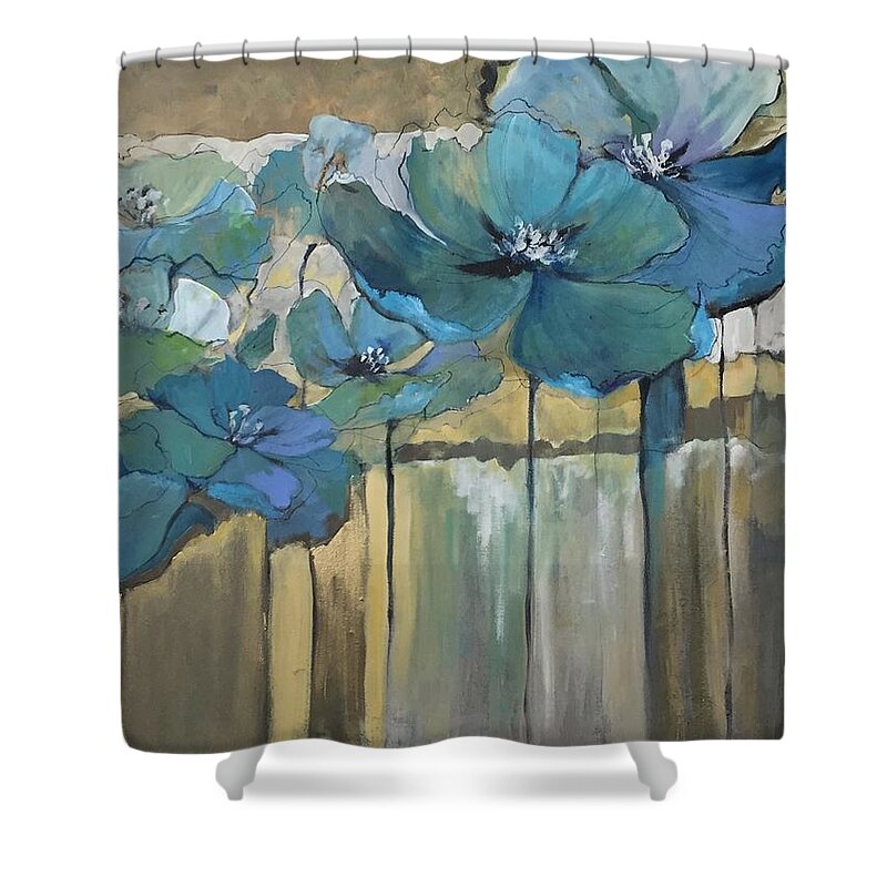 Blue Flowers Shower Curtain featuring the painting Blue Poppies by Eleatta Diver