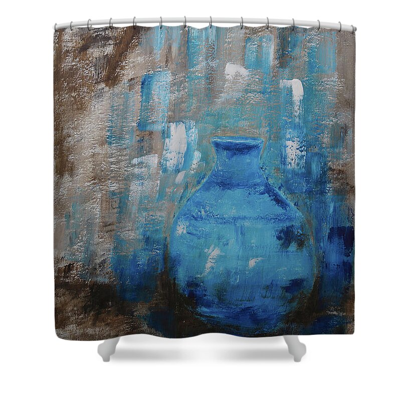Painting-fine-art-abstract-acrylic Shower Curtain featuring the painting Blue Pottery Vase Painting by Catalina Walker