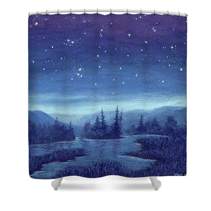 Blue Shower Curtain featuring the pastel Blue River 01 by Michael Heikkinen