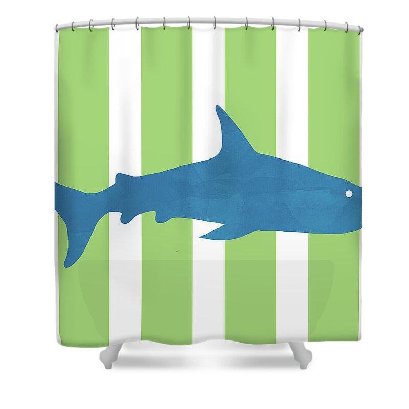 Shark Shower Curtain featuring the mixed media Blue Shark 2- Art by Linda Woods by Linda Woods