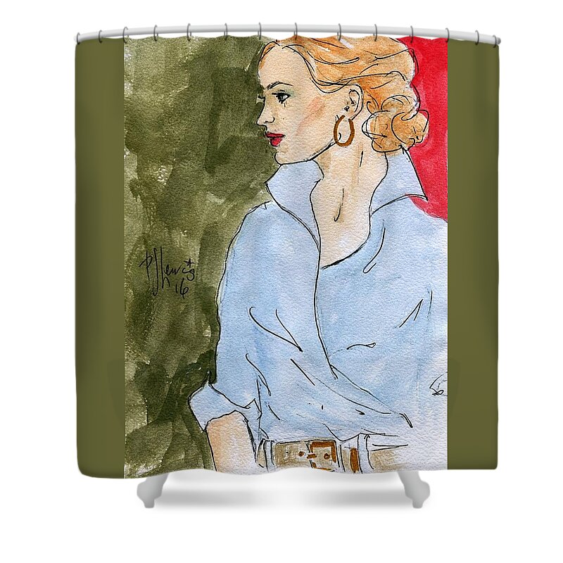 Beautiful Redhead Shower Curtain featuring the painting Blue Shirt by PJ Lewis