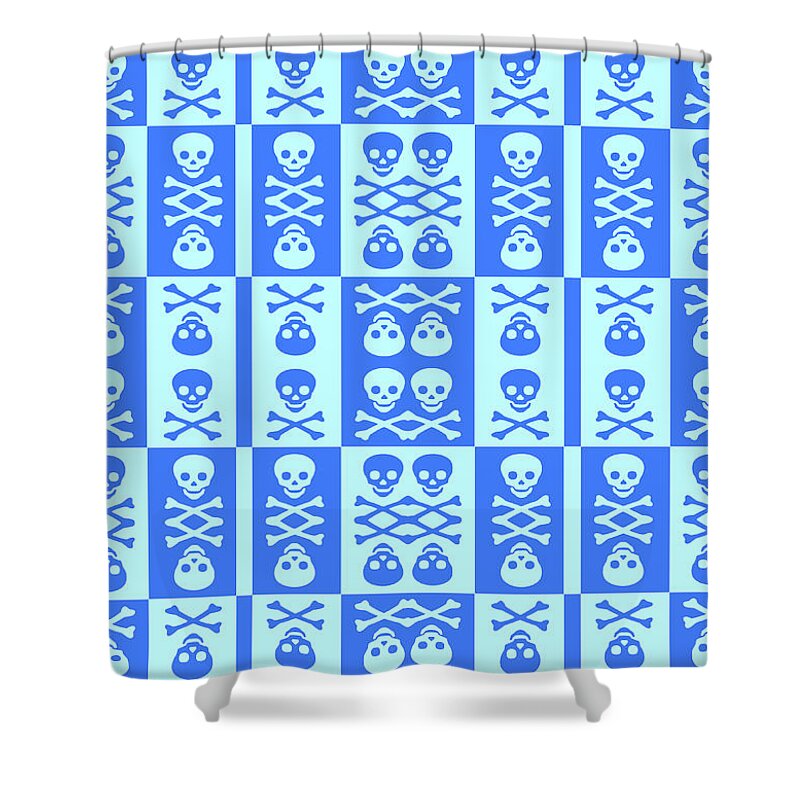 Blue Shower Curtain featuring the digital art Blue Skull and Crossbones Pattern by Roseanne Jones