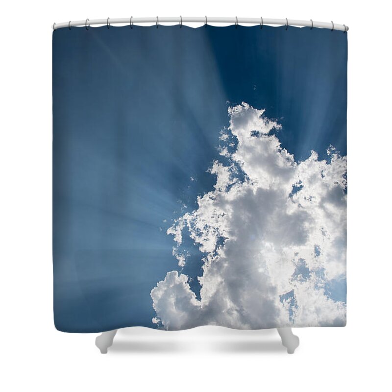 Atmosphere Shower Curtain featuring the photograph Blue sky with white clouds and sun rays by Michalakis Ppalis