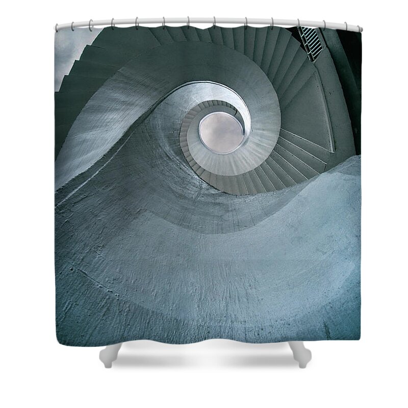 Architecture Shower Curtain featuring the photograph Blue spiral stairs by Jaroslaw Blaminsky
