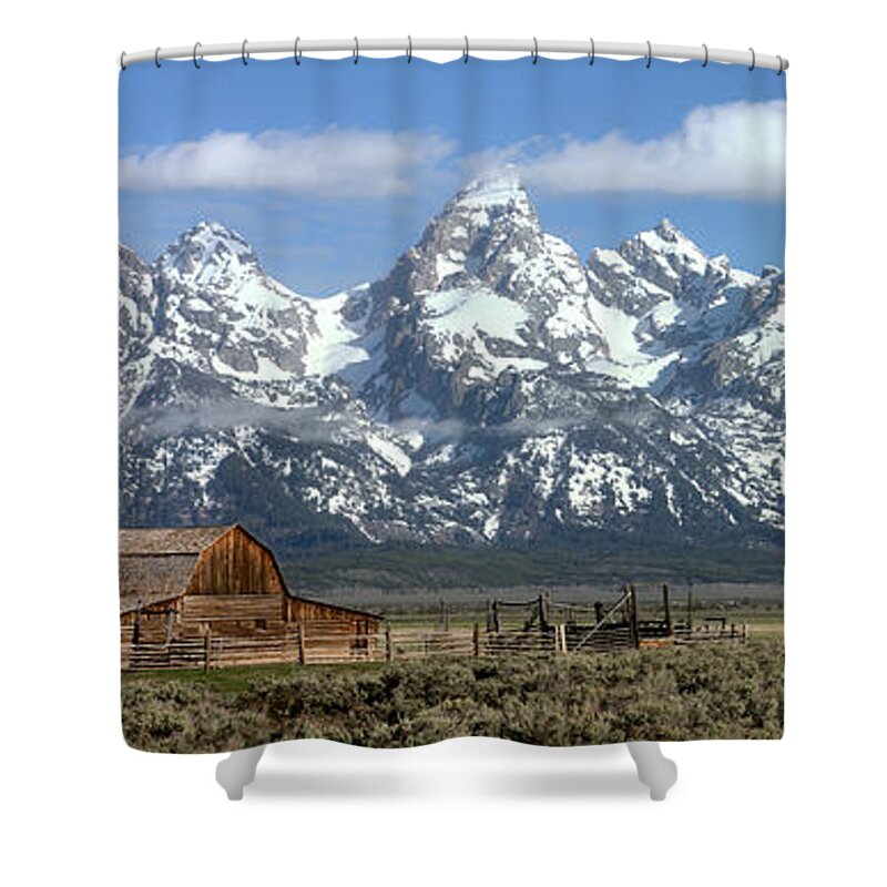 Moulton Barn Panorama Shower Curtain featuring the photograph Blue Spring Skies Over Mormon Row by Adam Jewell