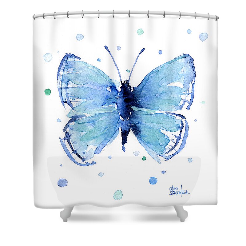 Watercolor Shower Curtain featuring the painting Blue Watercolor Butterfly by Olga Shvartsur